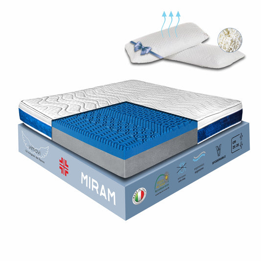 Materasso MIRAM matrimoniale con MemoryGel e 11 zone differenziate e due cuscni omaggio.